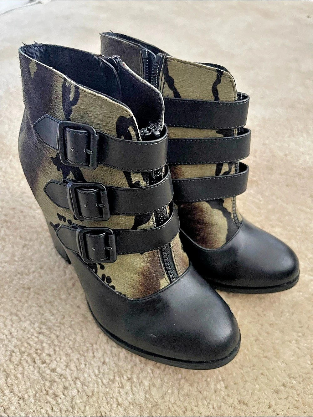 Aldo Camo Buckle Heeled Boots in Black & Green